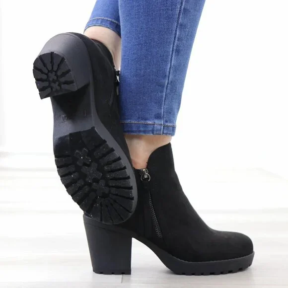Black Chunky Heel Ankle Boots Suede Lug High Heel Booties - Picture 9 of 15